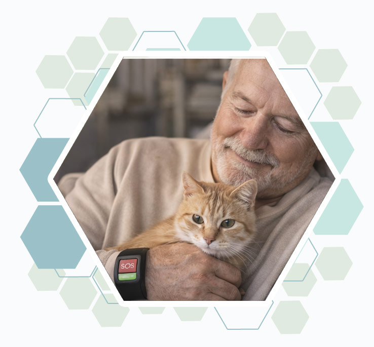 un senior en train de caliner son chat, il porte un bracelet de téléassistance au poignet.