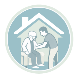 Icone : Auxiliaire de vie à domicile aidant un senior à se relever d'un fauteuil.