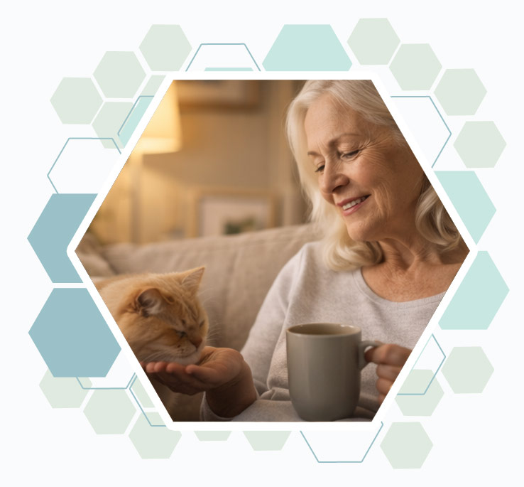 dame senior dans le confort de sa maison avec son chat