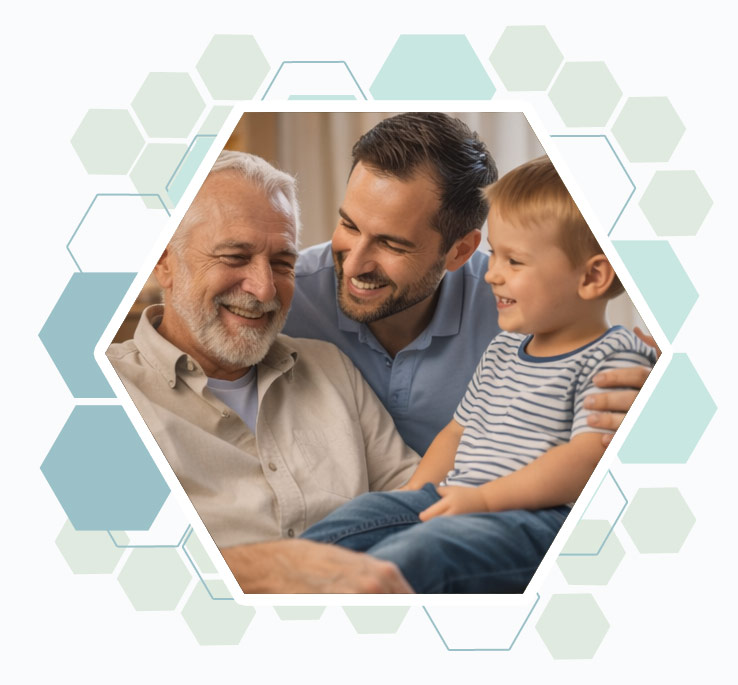 senior avec son fils et son petit fils, les familles face à l'autonomie domicile des seniors.