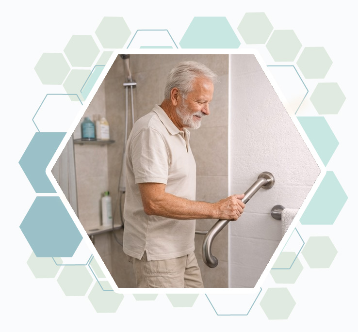 Senior dans une salle de bain aménagée : sécurisation du logement.