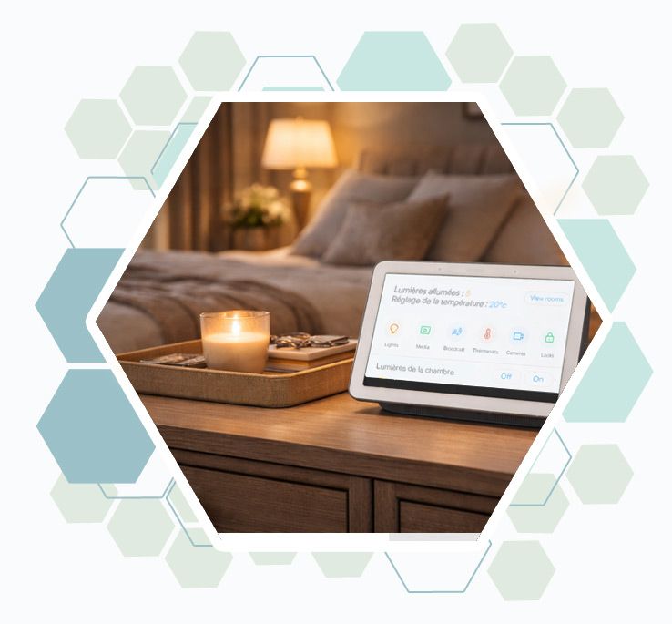 Système de contrôle domotique posés sur un meuble dans une chambre cosy et confortable