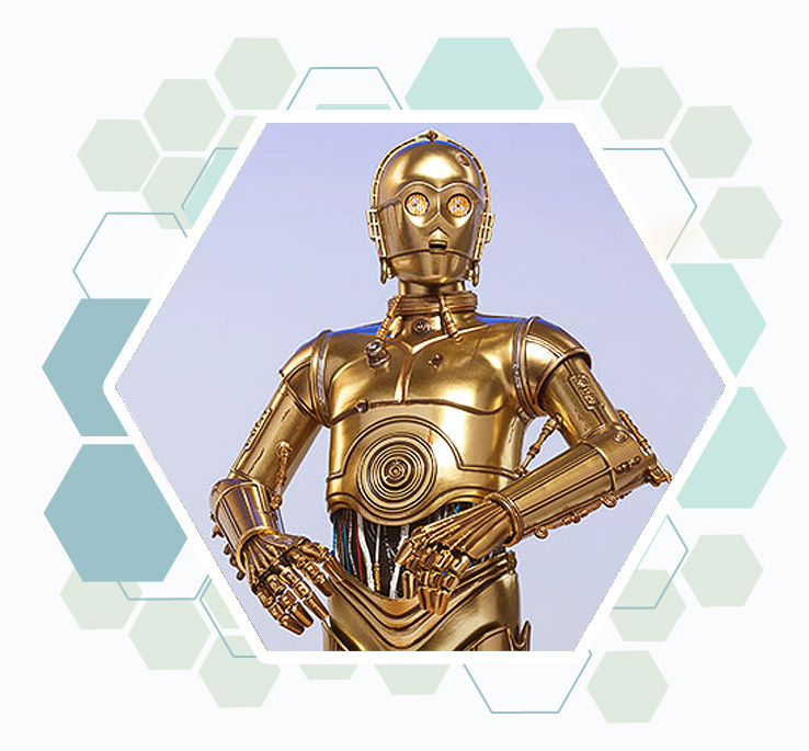 C3PO, androïde sympathique et drôle de la série des stars wars de George Lucas.