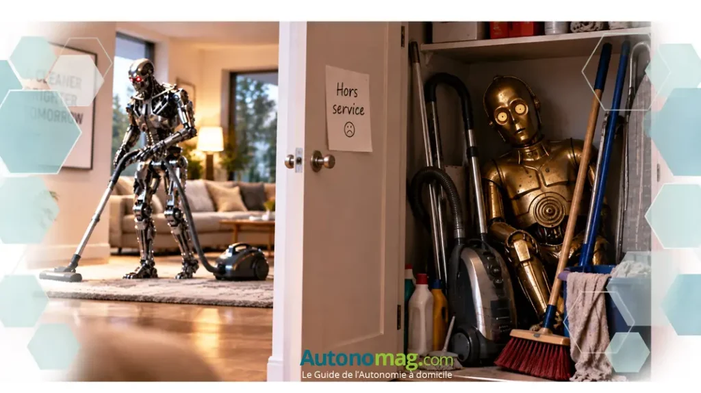 Vivre avec des robots : Terminator passe l'aspirateur tandis que C3PO est relégué au placard à balais.