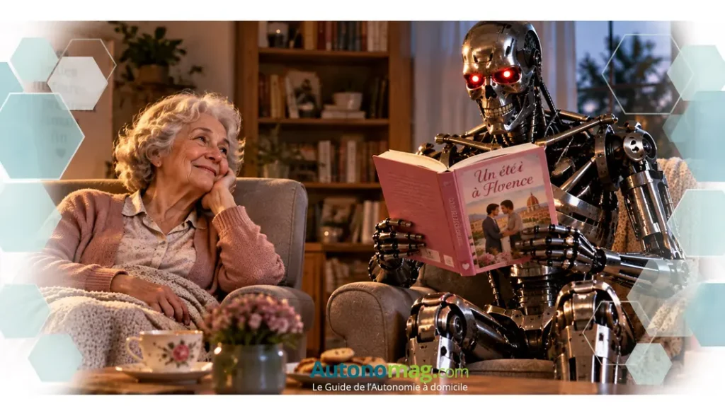 Terminator fait la lecture à une senior pour illustrer l'aide à domicile robotique.