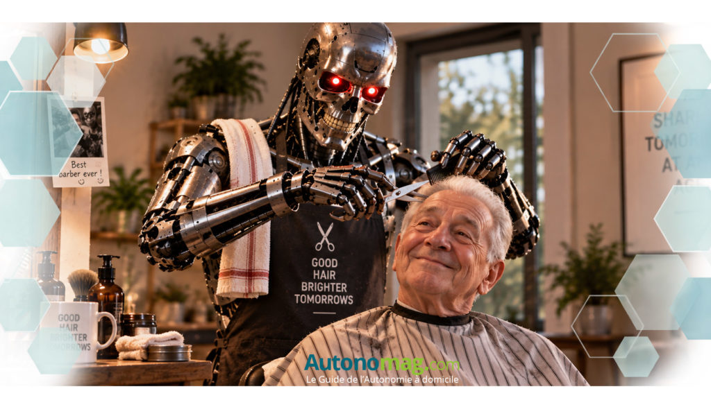 Terminator coupe les cheveux d'un senior pour illustrer la robotique domestique au service des seniors.