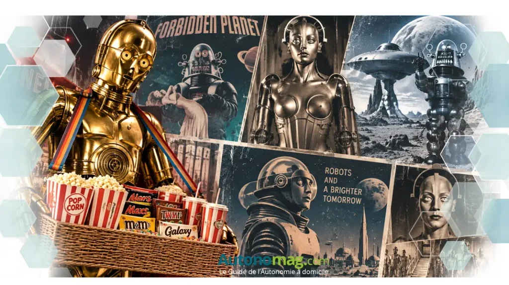Robots et sience-fiction des années 50-70 aux suivantes. C3PO en ouvreuse de cinéma et en fond des images de Scifi ancienne
